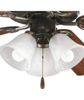 Three Light LED Fan Light Kit in Antique Bronze with White Washed Alabaster Glass Shades, close-up of ceiling fan mount