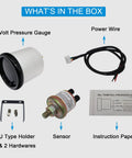 Oil pressure gauge kit: 52mm LED backlit gauge, power wire, U-type holder with hardware, sensor, instruction sheet.