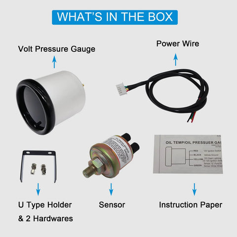 Oil pressure gauge kit: 52mm LED backlit gauge, power wire, U-type holder with hardware, sensor, instruction sheet.