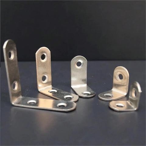Built Like A Tank Heavy Duty Stainless Steel L Corner Brackets 40 Pack Right Angle Shelf Hardware with pre drilled holes in various sizes.
