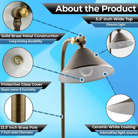 Diagram of 12V Brass Low Voltage LED Pathway Light With G4 Bulb including features like solid brass, protective glass cover, ceramic coating.