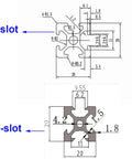 T-slot and V-slot measurements, detailed engineering drawing with dimensions for aluminum extrusion profiles.