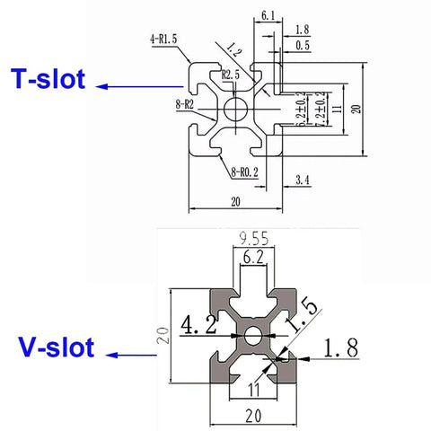 T-slot and V-slot measurements, detailed engineering drawing with dimensions for aluminum extrusion profiles.