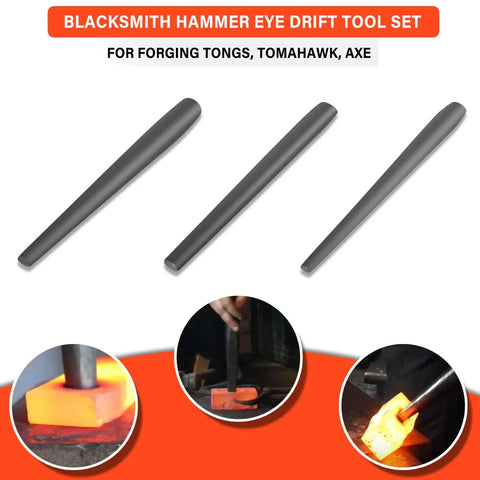 Pro Grade Drift Kit For Forging Hammer Eye Holes Eye Drift Tool Set 3 Pack For Tongs Tomahawks Axes And Knives displayed on orange background
