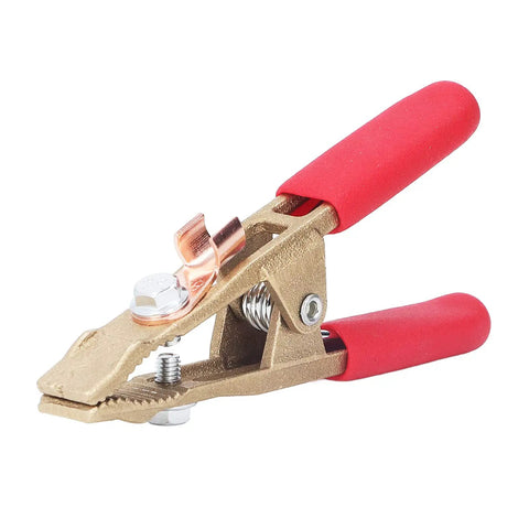 Heavy Duty Earth Ground Wire Clamp 40mm Opening For Robust Electric Welding Jobs Featuring High Current Rating Up To 260A With Durable Brass Build And Super Comfortable Sheath Handle Perfect Shipyards Steel Structures close-up, showing non-slip handle and brass clamp.