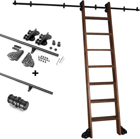 Heavy Duty Rolling Stair Hardware Kit With Hella Smooth Tracks And Rugged Steel Build Perfect For Indoor Loft Access Library Upgrades And Garage Workshop Storage with wooden ladder and track components.