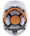 Interior view of Non-Vented Cap Style Hard Hat with padded odor-resistant self-wicking sweatband and unique suspension system.