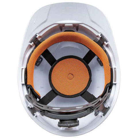 Interior view of Non-Vented Cap Style Hard Hat with padded odor-resistant self-wicking sweatband and unique suspension system.