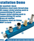 DIY Friendly Air Manifold One Quarter Inch NPT Two Way Five Port Inlet Outlet Aluminum Blue Pneumatic