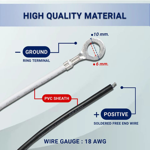 2 Prong Pigtail Wire Plug Pack showing high quality material with ground ring terminal and positive wire