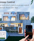 Person using Smart Life app for group control of Mini WiFi Relay Smart Light Switch Module For DIY Install inside modern house.