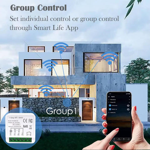 Person using Smart Life app for group control of Mini WiFi Relay Smart Light Switch Module For DIY Install inside modern house.