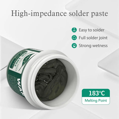 Open can of Sn63 Pb37 SMD Solder Paste For Phone Repairs No Clean Tin Lead Alloy Pro Grade Low Temperature 183C Melting Point 50g