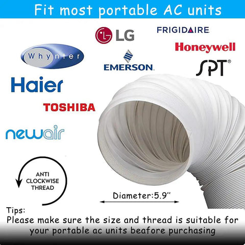 Portable Air Conditioner Exhaust Hose With 5.9 Inch Diameter And 90 Inch Length, Anti Clockwise Thread, displayed with brand logos