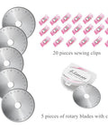 45mm Rotary Cutter Set With Ergonomic Handle, Five Extra Rotary Blades And Ten Replacement Blades, A3 Cutting Mat, Quilting Ruler, Craft Knife And 20 Sewing Clips For Crafting, Sewing, Patchwork And DIY Projects In Pink showing five rotary blades and twenty pink sewing clips.