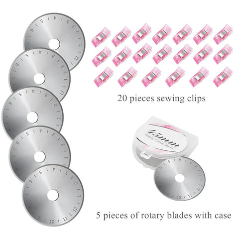 45mm Rotary Cutter Set With Ergonomic Handle, Five Extra Rotary Blades And Ten Replacement Blades, A3 Cutting Mat, Quilting Ruler, Craft Knife And 20 Sewing Clips For Crafting, Sewing, Patchwork And DIY Projects In Pink showing five rotary blades and twenty pink sewing clips.