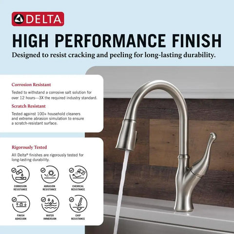 Modern Single Handle Kitchen Sink Faucet With Smooth As Silk Pull Down Sprayer In Grime Resistant Brushed Nickel and water flow.