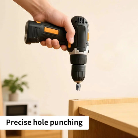 Eight Piece Premium Black Wood Plug Cutter Drill Bit Set Featuring Straight And Tapered Shapes With A Heavy Duty Hex Shank in use.