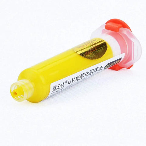 Yellow UV Soldering Paste Flux 10cc for PCB BGA Circuit Boards, syringe with needle for precise repairs and rework.