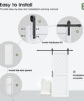 Installation steps for 32 by 84 inch sliding barn door with hardware kit and handle included, showcasing parts and assembly.