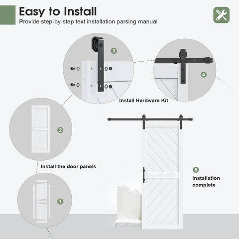Installation steps for 32 by 84 inch sliding barn door with hardware kit and handle included, showcasing parts and assembly.