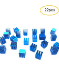Easy No Fuss Passive Cooling Heatsink Kit With Thermal Conductive Tape For Stepper Driver Modules TMC2130 TMC2100 A4988 DRV8825 TMC2208 22 Piece Set For 3D Printer Controllers, showing 22 blue anodized heatsinks.