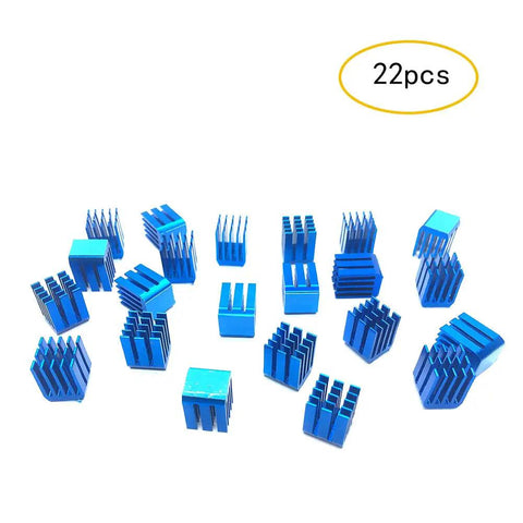 Easy No Fuss Passive Cooling Heatsink Kit With Thermal Conductive Tape For Stepper Driver Modules TMC2130 TMC2100 A4988 DRV8825 TMC2208 22 Piece Set For 3D Printer Controllers, showing 22 blue anodized heatsinks.