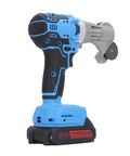 Powerful 21V Cordless Electric Metal Shears Featuring Fast Cutting Rotating Disc Blades Rechargeable Battery With Three Speed Levels And A 360 Degree Adjustable Head For Heavy Duty DIY And Construction Jobs No Burrs, blue and black handheld design.