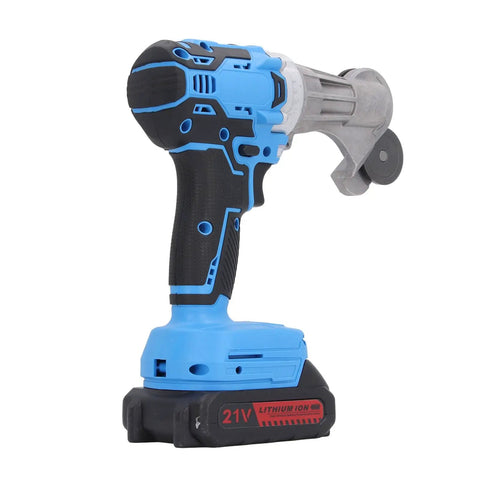 Heavy Duty 21V Cordless Electric Metal Shears With 360 Degree Swivel Head, featuring a black and blue design for precision cutting.