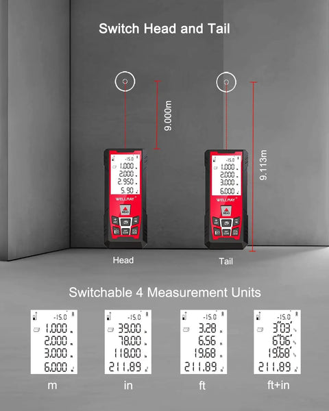 150M Laser Distance Meter With 492 Ft Range, 1/25 Inch Accuracy, IP54 Rating, Long Battery Life With About 8000 Measurements Per Battery Change, Multi Mode Distance, Area And Volume, Perfect For Architects Builders And DIY Pros. head and tail measurement display with unit options