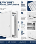 White Concealed Drywall Access Panel 29X32 With No Sweat Toolless Install For Quick Plumbing And Electrical Upkeep, shown with latch design and screw axle details.