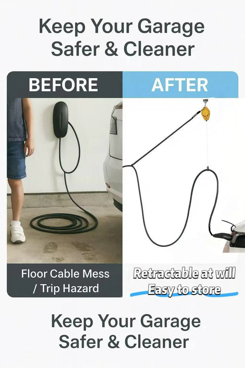 Before and after using Overhead EV Charging Cord Reel For Home Garages With 6.6 Ft Reach, cable off the floor for safety.