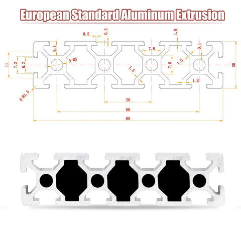 Diagram of Two Pack 1220mm 2080 T Slot Aluminum Extrusion 20x80mm European Standard Anodized Linear Rail