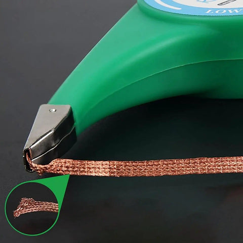 High Speed Heat Conducting Soldering Wicks for PCB Repair showing copper braid and green dispenser, close-up