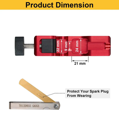 Universal Spark Plug Gap Tool With 32 Steel Feeler Blades for precise gap settings, red body with measurements visible
