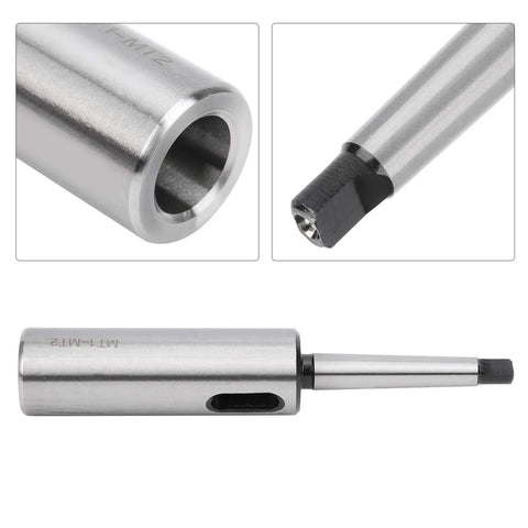 KANASI Morse taper drill sleeve adapter MT1-MT2; silver metal, view with shaft and inner bore, taper end close-up.