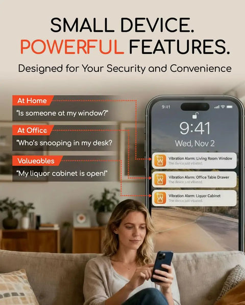 Stick Anywhere Mini Motion Sensor Alarm For Doors, Windows, Jewelry Boxes, Safes, And Mailboxes, Instant Phone App Alerts, Audible Or Silent Modes, No Tools, Easy Setup For Smart Home Security on phone