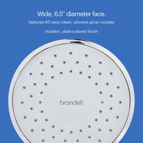 Top view of Filtered Shower Head With Chrome Slate Face And Wide Rain Spray For Softer Skin And Hair That Feels Legit shown on blue background.