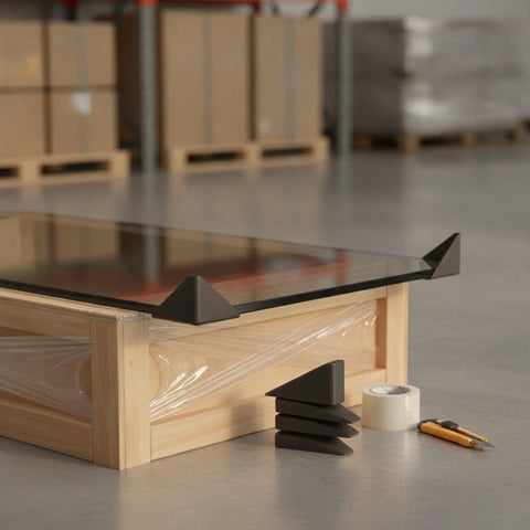 Heavy Duty Black PP Corner Protectors For Shipping And Handling on wooden crate with tools, edge guards for furniture glass and stone slabs