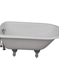 54 Inch Classic White Roll Top Bathtub With Full Drain Kit Offers Next Level Soak Experience Featuring Super Slick Enamel Surface Heavy Duty Iron Body And Chill Vibes For Your Very Own Bathroom Spa Sanctuary seen from the side with chrome feet.