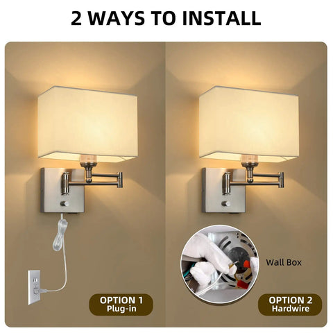 9.5 Inch Wall Lamp With USB Port And Dimmer, Plug In Cord Sconce With White Fabric Shade, two installation options shown
