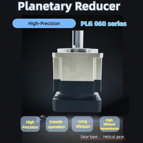 Front view of TOSEASTARS PLG060 planetary gearbox reducer with vertical output shaft and silver housing.