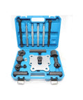 Front view of Porsche timing tool set in blue case for dual-clutch housing removal; metal adapters, rods, mounting plate