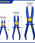 Evertools hose pinch clamp pliers set; blue handles with yellow pivot, three sizes: 6.2 in, 7.4 in, 10 in (front view)