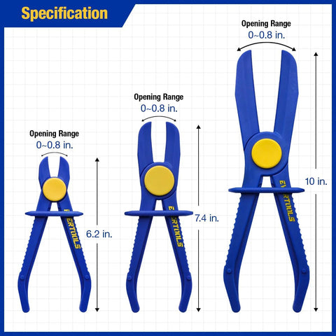 Evertools hose pinch clamp pliers set; blue handles with yellow pivot, three sizes: 6.2 in, 7.4 in, 10 in (front view)