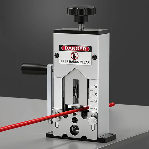 Close-up of Heavy Duty Manual Wire Stripping Machine With Ergonomic Hand Crank And Drill Adapter, showing wire feed and adjustment scale.