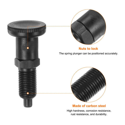 M10 X 1 Thread carbon steel push fit ball nose spring plunger with locking nut and threaded shaft for jigs and fixtures.