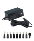 12V 2A Power Adapter For LED Strips CCTV Cameras And Routers, 24W AC To DC Converter With 5.5mm X 2.1mm Tip And 9 Interchangeable Jacks, Plug And Play Ready, Wide 100-240V Input Inner Positive Safe And Reliable. Black 12V power adapter with cord and 9 interchangeable DC jacks