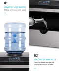 Top Shelf Electric Ice Cube Maker Machine With Integrated Water Dispenser showing water barrel and manual fill instructions.