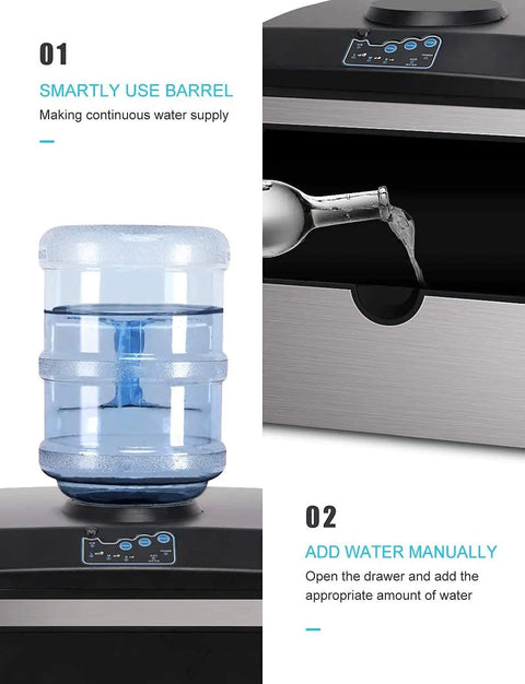 Top Shelf Electric Ice Cube Maker Machine With Integrated Water Dispenser showing water barrel and manual fill instructions.